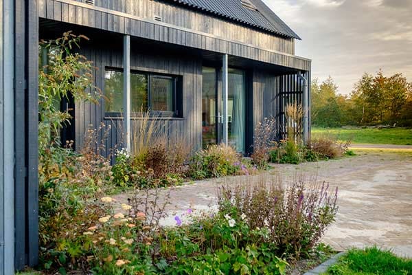 Gevel met gemengde vaste planten en heesters
